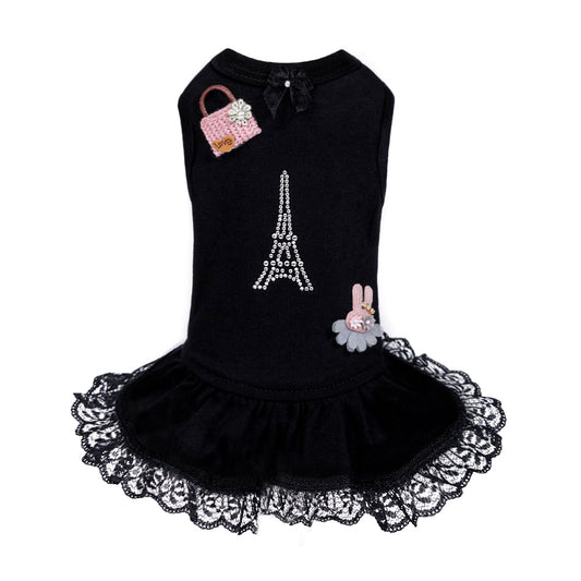Elegant Paris Dog Dress: 100% Cotton, Eiffel Tower, Crochet Purse Accessory