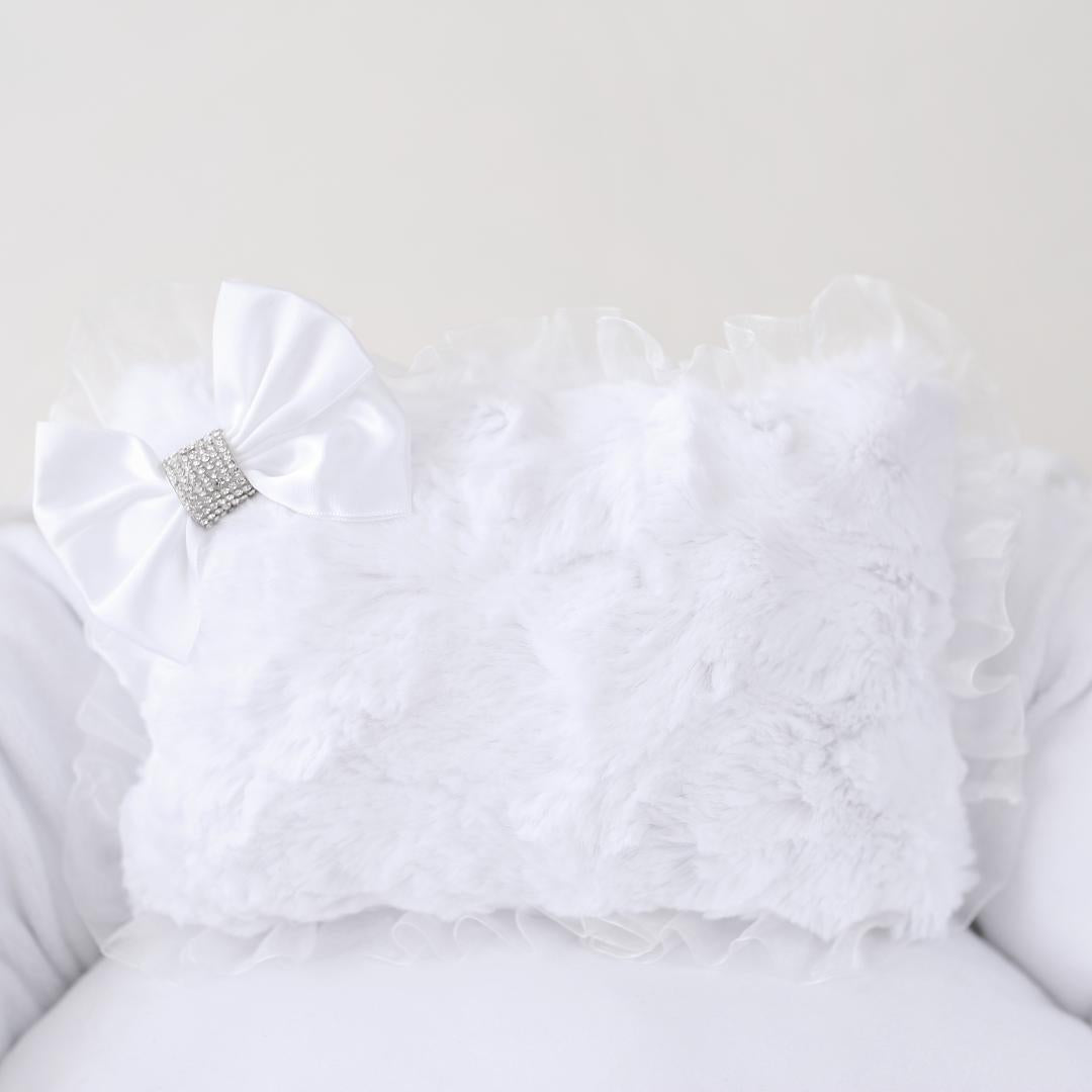 Elegant White Dog Bed: Luxury Microsuede, Lace, Bows, Removable Washable Pillow