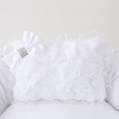 Elegant White Dog Bed: Luxury Microsuede, Lace, Bows, Removable Washable Pillow