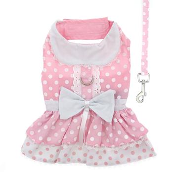 Charming Pink Polka Dot Lace Dog Dress Harness Set with Matching Leash
