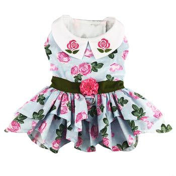 Chic Pink Rose Floral Dog Harness Dress with Matching Leash Set