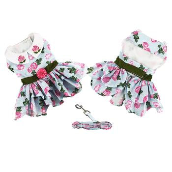 Chic Pink Rose Floral Dog Harness Dress with Matching Leash Set