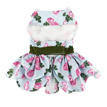 Chic Pink Rose Floral Dog Harness Dress with Matching Leash Set