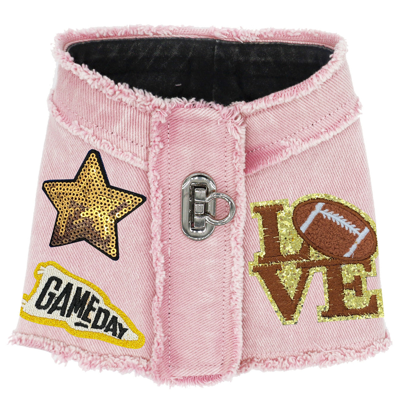 Sporty Distressed Denim Dog Harness Vest, Lycra Comfort, Football Patches, Blue Pink Styles