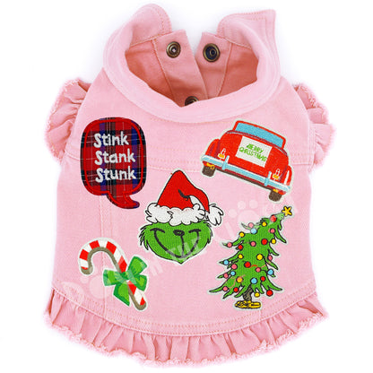 Merry Grinchmas Festive Denim Dog Jacket with Patches and Ruffles