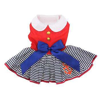 Adorable Sailor Girl Nautical Dog Dress with Matching Leash, Built-in D-Ring