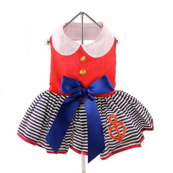Adorable Sailor Girl Nautical Dog Dress with Matching Leash, Built-in D-Ring