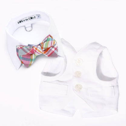 The Wyatt Elegant White Linen Dog Harness Vest with Adjustable D-Ring Leash
