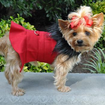Premium Red Wool Dog Harness Coat with Faux Fur Trim and Leash