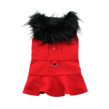 Premium Red Wool Dog Harness Coat with Faux Fur Trim and Leash